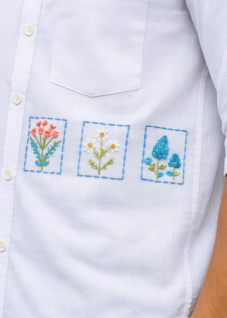 "White Bloom Panel Embroidered Cotton-Linen Shirt"