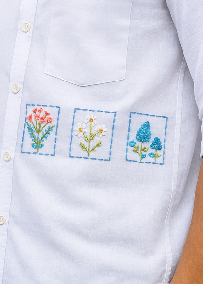 "White Bloom Panel Embroidered Cotton-Linen Shirt"