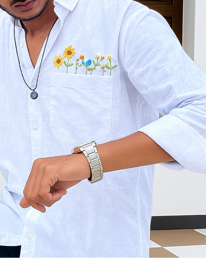 Premium White Linen Blend Shirt With Artisan Canvas Embroidered Pocket