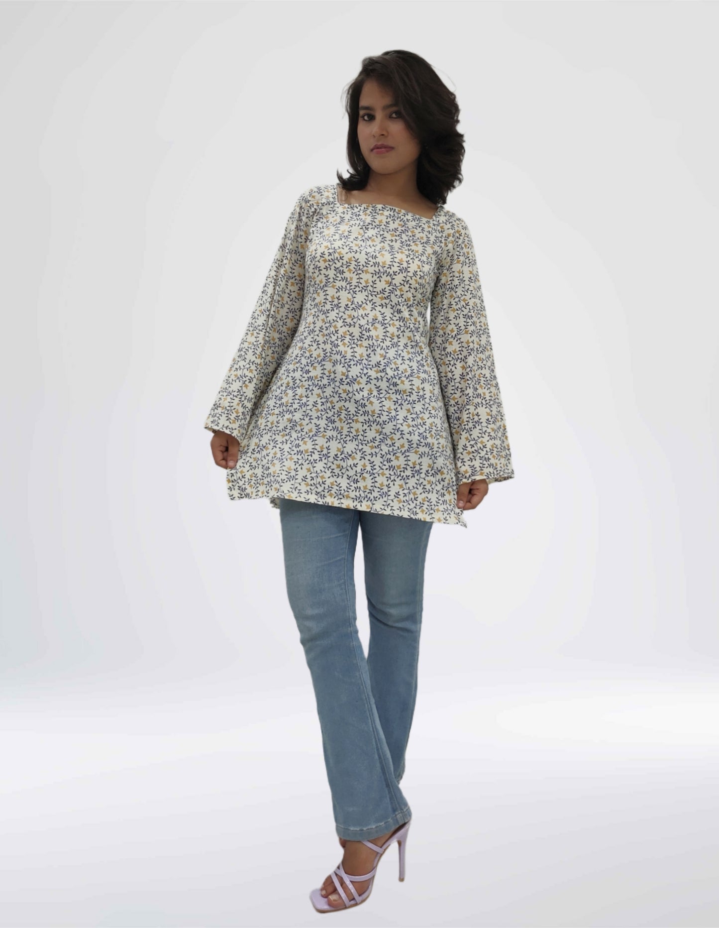 Meadow Bloom Bell-Sleeve Short Kurti