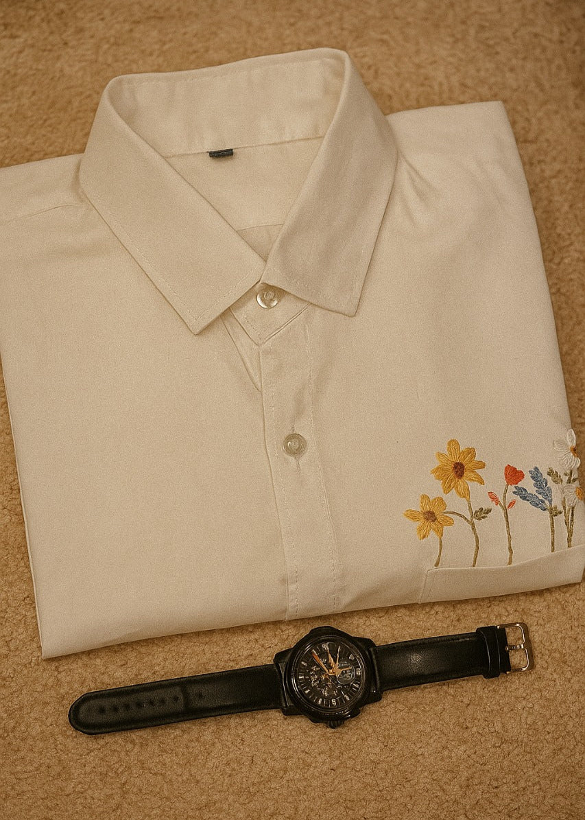 Premium White Linen Blend Shirt With Artisan Canvas Embroidered Pocket