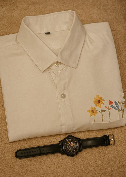 Premium White Linen Blend Shirt With Artisan Canvas Embroidered Pocket