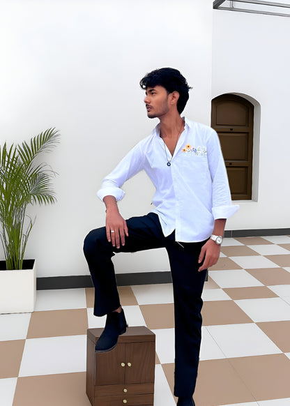 Premium White Linen Blend Shirt With Artisan Canvas Embroidered Pocket