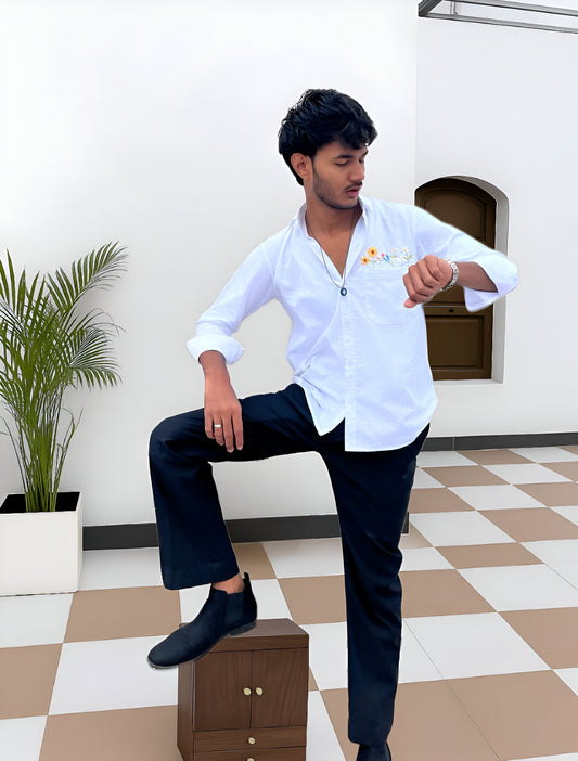 Premium White Linen Blend Shirt With Artisan Canvas Embroidered Pocket