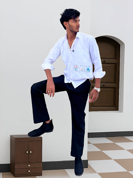 "White Bloom Panel Embroidered Cotton-Linen Shirt"